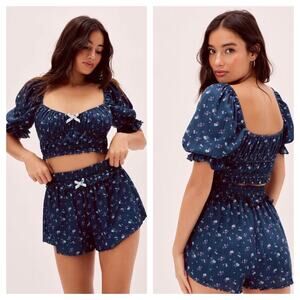 For Love & Lemons Lola Pointelle Crop Top XL Blue Floral Puff Sleeve Cottagecore